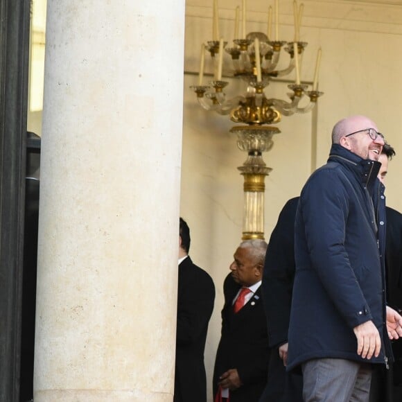 Charles Michel, Brigitte Macron (Trogneux), Xavier Bettel - Le président Emmanuel Macron quitte le palais de l'Elysée avec les chefs d'état du One Planet Summit pour rejoindre un bateau au Pont Alexandre III à Paris le 12 décembre 2017. © Pierre Perusseau / Bestimage