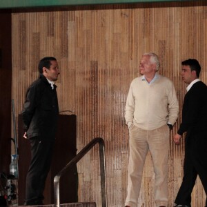 Exclusif - Maurizio Remmert (père de Carla Bruni) et Nicolas Sarkozy à l'hôtel à Sao Paulo le 25 août 2015. Nicolas Sarkozy s'est rendu à un rdv important sous bonne escorte policière.