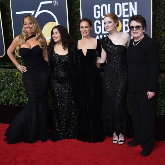 Mariah Carey, America Ferrera, Natalie Portman, Emma Stone, Billie Jean King sur le tapis rouge de la 75ème cérémonie des Golden Globe Awards au Beverly Hilton à Los Angeles, le 7 janvier 2018. © Chris Delmas/Bestimage