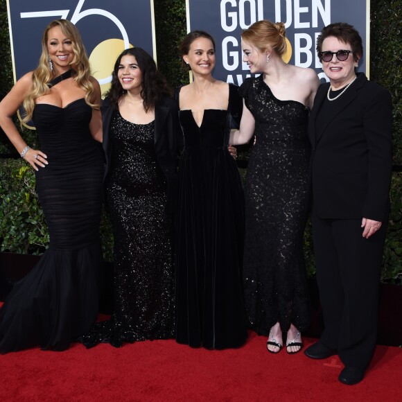 Mariah Carey, America Ferrera, Natalie Portman, Emma Stone, Billie Jean King sur le tapis rouge de la 75ème cérémonie des Golden Globe Awards au Beverly Hilton à Los Angeles, le 7 janvier 2018. © Chris Delmas/Bestimage
