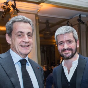 Semi-exclusif - Nicolas Sarkozy, le chanteur Grégoire, Frédéric Lemos - Vente aux enchères au profit de la campagne "Guérir le cancer de l'enfant" au Pavillon Ledoyen à Paris le 13 février 2018. L'intégralité des dons effectués à l’occasion de cette soirée ira au profit de la campagne "Guérir le cancer de l’enfant au 21ème siècle de la Fondation Gustave Roussy". F. Lemos, le père du petit Noé décédé il y a quatre ans d'un cancer du cerveau, avait fait afficher le visage de son fils sur la Tour Montparnasse pour tout le mois de septembre. Depuis, son combat est devenu cette grande campagne dont N. Sarkozy est le parrain cette année. © Cyril Moreau/Bestimage13/02/2018 - Paris