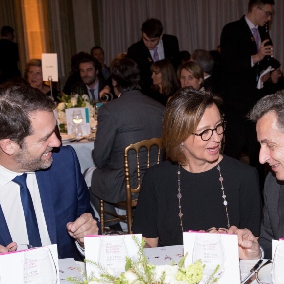 Semi-exclusif - Christophe Castaner, la femme de Sébastien Bazin, Nicolas Sarkozy - Vente aux enchères au profit de la campagne "Guérir le cancer de l'enfant" au Pavillon Ledoyen à Paris le 13 février 2018. L'intégralité des dons effectués à l’occasion de cette soirée ira au profit de la campagne "Guérir le cancer de l’enfant au 21ème siècle de la Fondation Gustave Roussy". F. Lemos, le père du petit Noé décédé il y a quatre ans d'un cancer du cerveau, avait fait afficher le visage de son fils sur la Tour Montparnasse pour tout le mois de septembre. Depuis, son combat est devenu cette grande campagne dont N. Sarkozy est le parrain cette année. © Cyril Moreau/Bestimage13/02/2018 - Paris