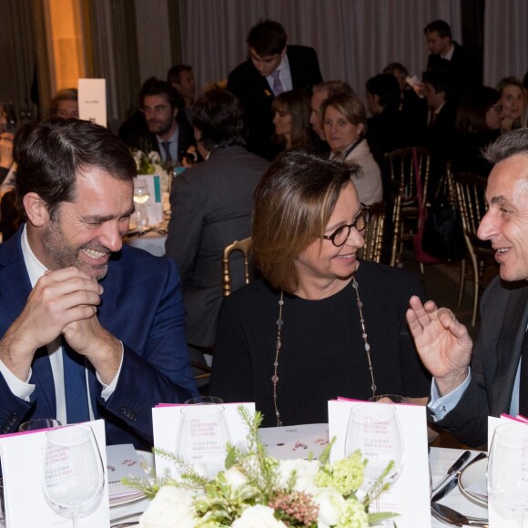 Semi-exclusif - Christophe Castaner, la femme de Sébastien Bazin, Nicolas Sarkozy - Vente aux enchères au profit de la campagne "Guérir le cancer de l'enfant" au Pavillon Ledoyen à Paris le 13 février 2018. L'intégralité des dons effectués à l’occasion de cette soirée ira au profit de la campagne "Guérir le cancer de l’enfant au 21ème siècle de la Fondation Gustave Roussy". F. Lemos, le père du petit Noé décédé il y a quatre ans d'un cancer du cerveau, avait fait afficher le visage de son fils sur la Tour Montparnasse pour tout le mois de septembre. Depuis, son combat est devenu cette grande campagne dont N. Sarkozy est le parrain cette année. © Cyril Moreau/Bestimage13/02/2018 - Paris