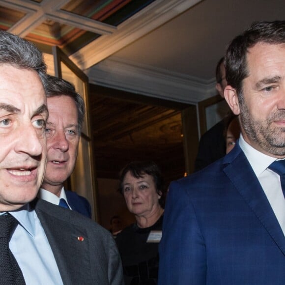 Semi-exclusif - Nicolas Sarkozy et Christophe Castaner - Vente aux enchères au profit de la campagne "Guérir le cancer de l'enfant" au Pavillon Ledoyen à Paris le 13 février 2018. L'intégralité des dons effectués à l’occasion de cette soirée ira au profit de la campagne "Guérir le cancer de l’enfant au 21ème siècle de la Fondation Gustave Roussy". F. Lemos, le père du petit Noé décédé il y a quatre ans d'un cancer du cerveau, avait fait afficher le visage de son fils sur la Tour Montparnasse pour tout le mois de septembre. Depuis, son combat est devenu cette grande campagne dont N. Sarkozy est le parrain cette année. © Cyril Moreau/Bestimage13/02/2018 - Paris