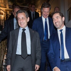 Semi-exclusif - Nicolas Sarkozy, Sébastien Bazin et Christophe Castaner - Vente aux enchères au profit de la campagne "Guérir le cancer de l'enfant" au Pavillon Ledoyen à Paris le 13 février 2018. L'intégralité des dons effectués à l’occasion de cette soirée ira au profit de la campagne "Guérir le cancer de l’enfant au 21ème siècle de la Fondation Gustave Roussy". F. Lemos, le père du petit Noé décédé il y a quatre ans d'un cancer du cerveau, avait fait afficher le visage de son fils sur la Tour Montparnasse pour tout le mois de septembre. Depuis, son combat est devenu cette grande campagne dont N. Sarkozy est le parrain cette année. © Cyril Moreau/Bestimage13/02/2018 - Paris