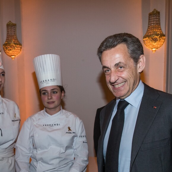 Semi-exclusif - Nicolas Sarkozy - Vente aux enchères au profit de la campagne "Guérir le cancer de l'enfant" au Pavillon Ledoyen à Paris le 13 février 2018. L'intégralité des dons effectués à l’occasion de cette soirée ira au profit de la campagne "Guérir le cancer de l’enfant au 21ème siècle de la Fondation Gustave Roussy". F. Lemos, le père du petit Noé décédé il y a quatre ans d'un cancer du cerveau, avait fait afficher le visage de son fils sur la Tour Montparnasse pour tout le mois de septembre. Depuis, son combat est devenu cette grande campagne dont N. Sarkozy est le parrain cette année. © Cyril Moreau/Bestimage13/02/2018 - Paris