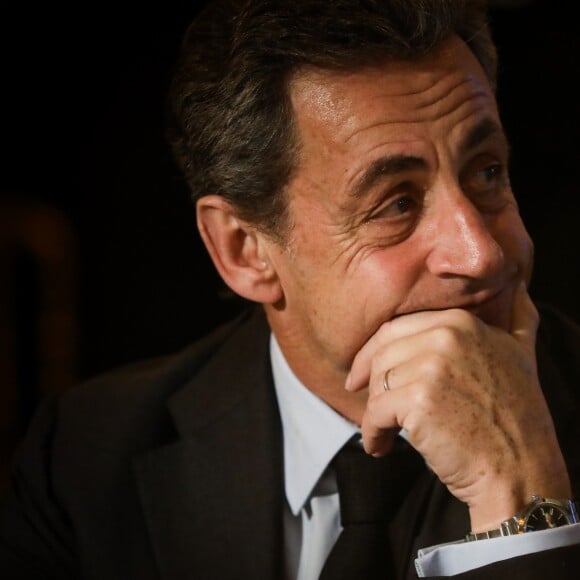 Semi-exclusif - Nicolas Sarkozy - Vente aux enchères au profit de la campagne "Guérir le cancer de l'enfant" au Pavillon Ledoyen à Paris le 13 février 2018. L'intégralité des dons effectués à l’occasion de cette soirée ira au profit de la campagne "Guérir le cancer de l’enfant au 21ème siècle de la Fondation Gustave Roussy". F. Lemos, le père du petit Noé décédé il y a quatre ans d'un cancer du cerveau, avait fait afficher le visage de son fils sur la Tour Montparnasse pour tout le mois de septembre. Depuis, son combat est devenu cette grande campagne dont N. Sarkozy est le parrain cette année. © Cyril Moreau/Bestimage13/02/2018 - Paris