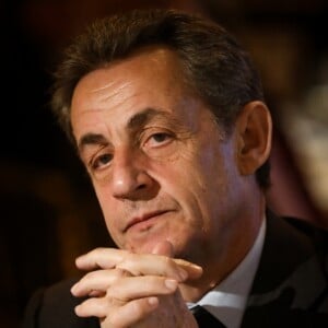 Semi-exclusif - Nicolas Sarkozy - Vente aux enchères au profit de la campagne "Guérir le cancer de l'enfant" au Pavillon Ledoyen à Paris le 13 février 2018. L'intégralité des dons effectués à l’occasion de cette soirée ira au profit de la campagne "Guérir le cancer de l’enfant au 21ème siècle de la Fondation Gustave Roussy". F. Lemos, le père du petit Noé décédé il y a quatre ans d'un cancer du cerveau, avait fait afficher le visage de son fils sur la Tour Montparnasse pour tout le mois de septembre. Depuis, son combat est devenu cette grande campagne dont N. Sarkozy est le parrain cette année. © Cyril Moreau/Bestimage13/02/2018 - Paris