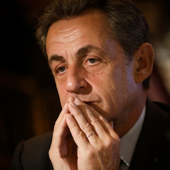 Semi-exclusif - Nicolas Sarkozy - Vente aux enchères au profit de la campagne "Guérir le cancer de l'enfant" au Pavillon Ledoyen à Paris le 13 février 2018. L'intégralité des dons effectués à l’occasion de cette soirée ira au profit de la campagne "Guérir le cancer de l’enfant au 21ème siècle de la Fondation Gustave Roussy". F. Lemos, le père du petit Noé décédé il y a quatre ans d'un cancer du cerveau, avait fait afficher le visage de son fils sur la Tour Montparnasse pour tout le mois de septembre. Depuis, son combat est devenu cette grande campagne dont N. Sarkozy est le parrain cette année. © Cyril Moreau/Bestimage13/02/2018 - Paris