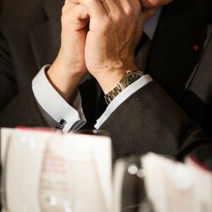 Semi-exclusif - Nicolas Sarkozy - Vente aux enchères au profit de la campagne "Guérir le cancer de l'enfant" au Pavillon Ledoyen à Paris le 13 février 2018. L'intégralité des dons effectués à l’occasion de cette soirée ira au profit de la campagne "Guérir le cancer de l’enfant au 21ème siècle de la Fondation Gustave Roussy". F. Lemos, le père du petit Noé décédé il y a quatre ans d'un cancer du cerveau, avait fait afficher le visage de son fils sur la Tour Montparnasse pour tout le mois de septembre. Depuis, son combat est devenu cette grande campagne dont N. Sarkozy est le parrain cette année. © Cyril Moreau/Bestimage13/02/2018 - Paris