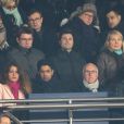 La secrétaire d'Etat Marlène Schiappa, Nasser Al-Khelaïfi, Frank McCourt, Jacques-Henri Eyraud et, derrière eux, Margarita Louis-Dreyfus dans les tribunes du Parc des Princes lors du match de Ligue 1 PSG - OM (3-0), à Paris le 25 février 2018.