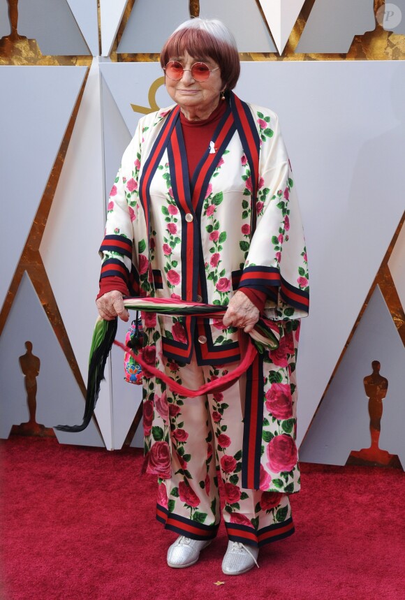 Agnes Varda sur le tapis rouge des Oscars au Dolby Theatre, Los Angeles, le 4 mars 2018.
