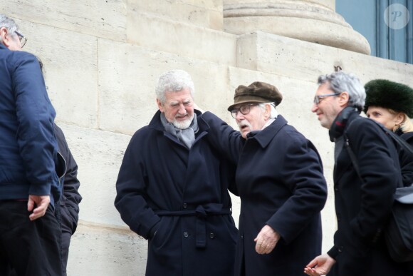 Patrick Préjean, Jacques Destoop (veuf de Geneviève Fontanel) - Sortie des obsèques de Geneviève Fontanel en l'église Saint-Roch à Paris le 22 mars 2018. © CVS/Bestimage