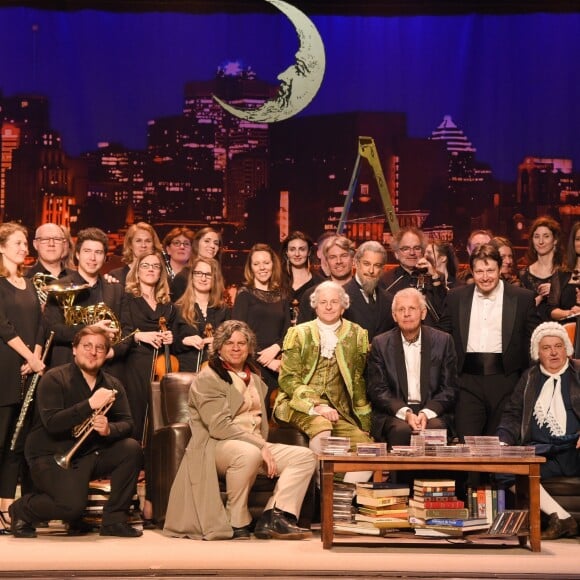 Gilbert Lachance, Patrick Poivre d'Arvor, Sylvain Masse, André Robitaille, Vincent Bilodeau et les musiciens - Générale du spectacle "Patrick et ses fantômes" au Casino de Paris, le 17 avril 2018. © Coadic Guirec/Bestimage