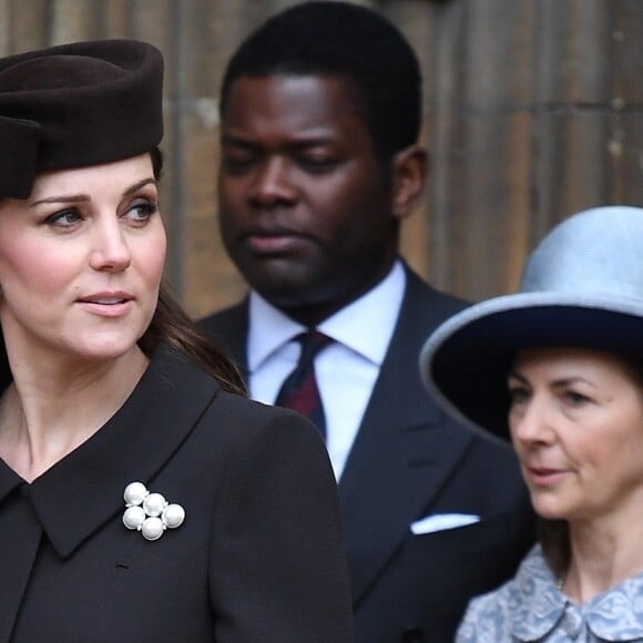 La duchesse Catherine de Cambridge, enceinte de huit mois, à Windsor le 31 mars 2018 lors de la messe de Pâques à laquelle la famille royale à assisté en la chapelle St George.