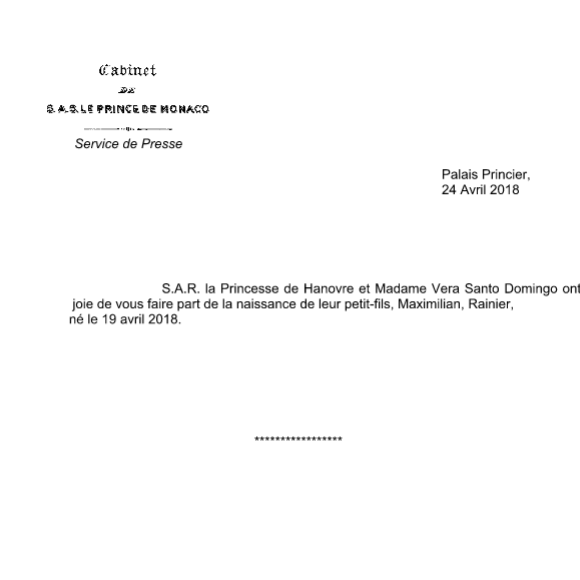 Communiqué de presse du palais princier de Monaco annonçant la naissance de Maximilian Rainier Casiraghi, troisième enfant d'Andrea Casiraghi et de Tatiana Santo Domingo, cinquième petit-enfant de la princesse Caroline de Hanovre.