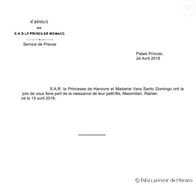 Communiqué de presse du palais princier de Monaco annonçant la naissance de Maximilian Rainier Casiraghi, troisième enfant d'Andrea Casiraghi et de Tatiana Santo Domingo, cinquième petit-enfant de la princesse Caroline de Hanovre.