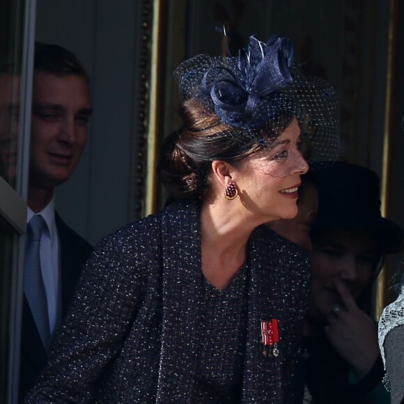 La princesse Caroline de Hanovre, Tatiana Santo Domingo et son fils Alexandre "Sasha" Casiraghi au balcon du palais princier lors de la fête nationale monégasque le 19 novembre 2014