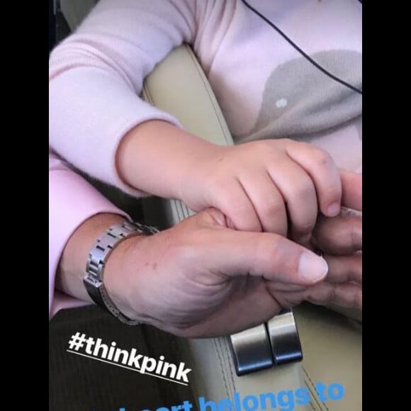 Carla Bruni-Sarkozy publie une photo de sa fille Giulia tenant la main de Nicolas Sarkozy dans l'avion. Instagram, le 28 avril 2018.