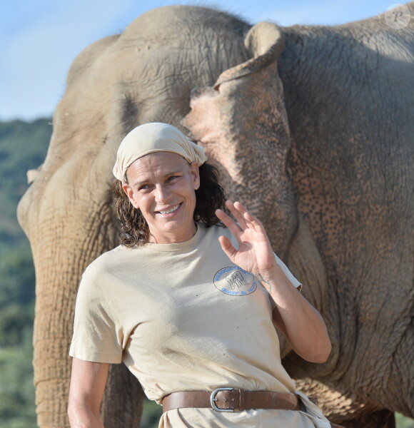 Exclusif - Rendez-vous avec la princesse Stéphanie et ses deux éléphants protégées Baby et Népal au Mont Agel le 8 juillet 2015. Deux ans après les avoir sauvées et recueillies, la princesse Stéphanie partage le quotidien des éléphantes sur les hauteurs de Monaco, dans un site aménagé pour elles. La princesse Stéphanie a créé l'association "Baby et Népal" pour collecter des dons afin de subvenir aux besoins des éléphantes.