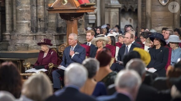 Meghan Markle et le prince Harry lors des célébrations du Commonwealth Day en présence de la reine Elizabeth II le 12 mars 2018 à Londres.