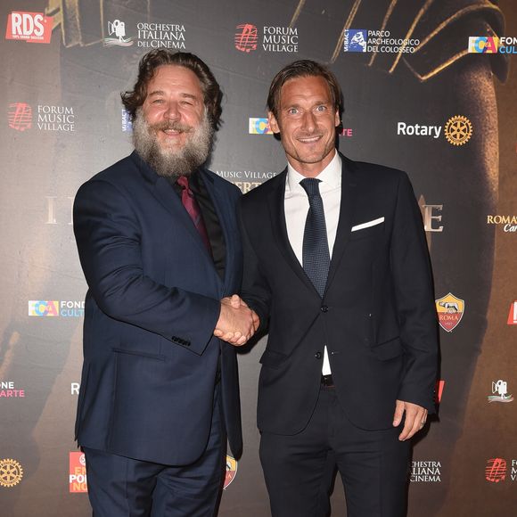 Russel Crowe, Francesco Totti au concert caritatif "Il Gladiatore" à Rome, le 6 juin 2018.