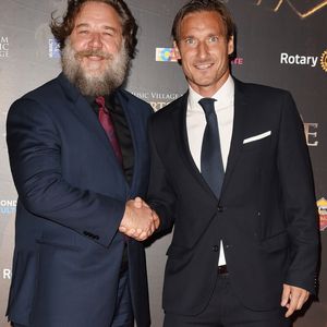 Russel Crowe, Francesco Totti au concert caritatif "Il Gladiatore" à Rome, le 6 juin 2018.