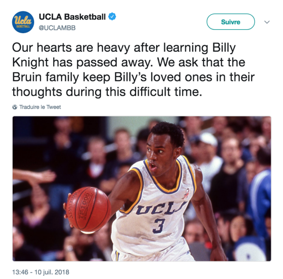 L'équipe de basket de l'UCLA rend hommage à Billy Knight, retrouvé mort le 8 juillet 2018 à Phoenix.