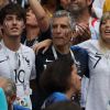 Dylan Deschamps, Nagui et sa Mélanie Page, Claude Deschamps - People au stade Loujniki lors de la finale de la Coupe du Monde de Football 2018 à Moscou, opposant la France à la Croatie à Moscou le 15 juillet 2018 © Cyril Moreau/Bestimage