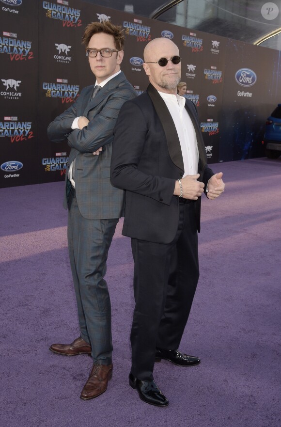 James Gunn et Michael Rooker au photocall de la première du film "Guardians of the Galaxy Vol 2" au théâtre Dolby à Los Angeles le 19 avril 2017. © CPA / Bestimage