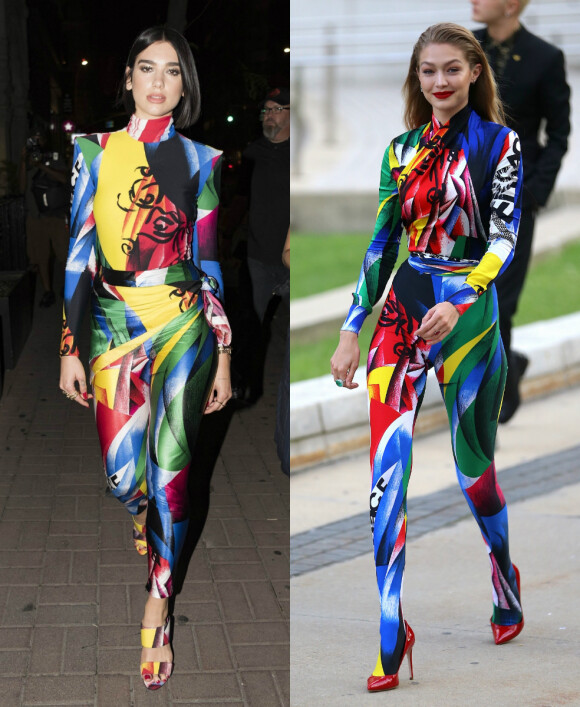 Dua Lipa et Gigi Hadid se transforment en oeuvre d'art grâce à Versace. New York, les 26 juillet et 4 juin 2018.