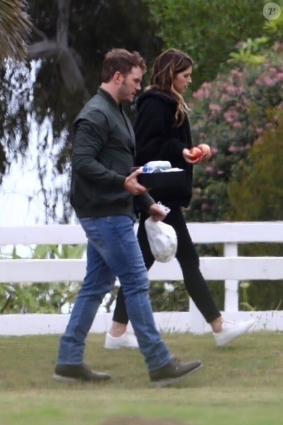 Exclusif - Chris Pratt et Katherine Schwarzenegger font un pique-nique à Santa Barbara, le 17 juin 2018. Ils sont allés prendre de l'essence puis sont allés dans un parc pour pique-niquer. Chris et Katherine semblent très complices!