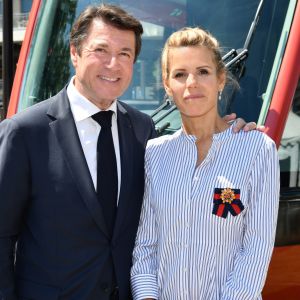 Exclusif - Christian Estrosi et sa femme Laura Tenoudji durant l'inauguration de la ligne 2 Ouest Est du tramway sur le tronçon aérien entre le CADAM et Magnan à Nice 30 juin 2018.