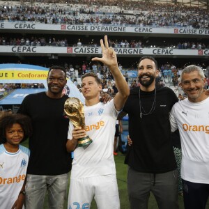 Steve Mandanda, Florian Thauvin, Adil Rami et Franck Le Gall - Match OM-Toulouse FC pour le lancement de la saison 2018/2019 du championnat de football de Ligue 1 au stade Vélodrome à Marseille. Le 10 août 2018