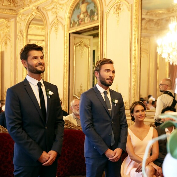 Exclusif - Mariage civil de Christophe Beaugrand et de Ghislain Gerin à Paris le 25 juillet 2018. © Dominique Jacovides/Bestimage