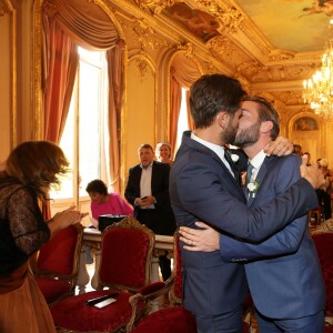 Exclusif - Mariage civil de Christophe Beaugrand et de Ghislain Gerin à Paris le 25 juillet 2018. © Dominique Jacovides/Bestimage