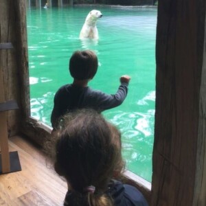 Alessandra Sublet et ses enfants Charlie (5 ans) et Alphonse (3 ans) lors d'une visite au zoo de la Flèche en mai 2018.