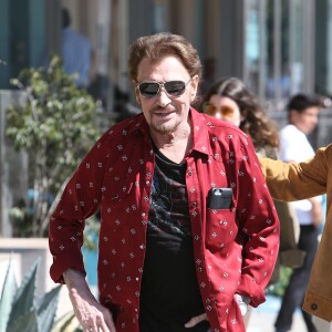 Johnny Hallyday avec sa femme Laeticia, leurs filles Jade et Joy, Marie Poniatowski avec son mari Pierre Rambaldi et leur fille Tess, à Santa Monica, le 1er avril 2017.