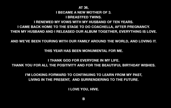 Beyoncé écrit à ses fans pour son 37e anniversaire, le 4 septembre 2018.