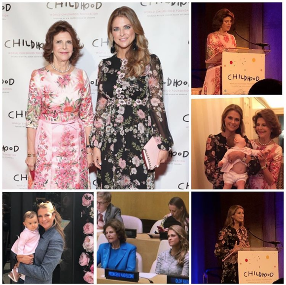 La reine Silvia et la princesse Madeleine de Suède à New York début octobre 2018 pour le symposium de Childhood USA, photomontage publié sur Instagram. Surprise, la princesse Adrienne, 7 mois, était avec elles !