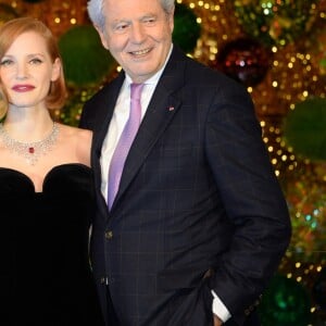 Chabi Nouri (PDG de Piaget), Jessica Chastain et Philippe Houzé (Président du Directoire du groupe Galeries Lafayette) - Inauguration du Grand Sapin de la Maison Piaget aux Galeries Lafayette Paris Haussmann. Paris, le 7 novembre 2018. © Veeren/Bestimage