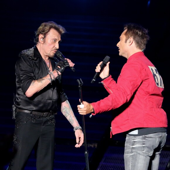 Exclusif - David Hallyday - Johnny Hallyday en duo pour son 2eme concert de la tournee "Born Rocker Tour" au POPB de Bercy a Paris. Le 15 juin 2013.