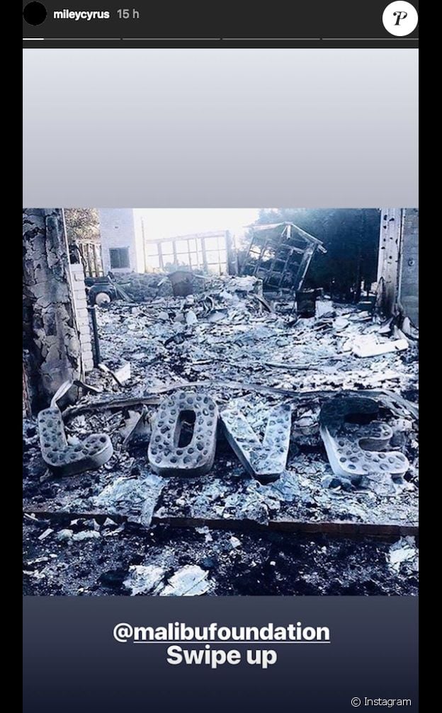 Miley Cyrus publie une photo de sa maison calcinée et lance un appel aux dons pour aider la population de Malibu en Californie suite aux incendies, le 13 novembre 2018