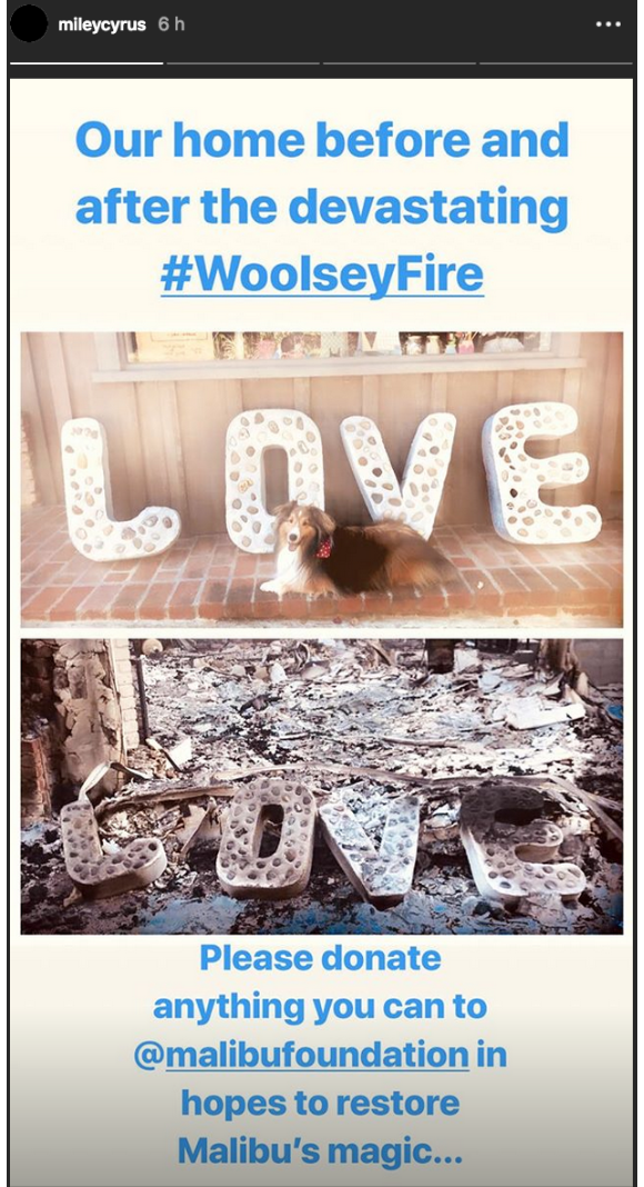 Miley Cyrus publie une photo de sa maison calcinée et lance un appel aux dons pour aider la population de Malibu en Californie suite aux incendies, le 13 novembre 2018
