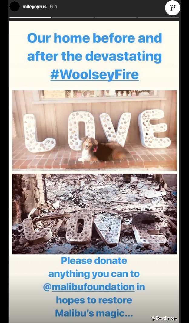 Miley Cyrus publie une photo de sa maison calcinée et lance un appel aux dons pour aider la population de Malibu en Californie suite aux incendies, le 13 novembre 2018