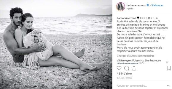 Barbara Mermoz annonce sa rupture avec son mari Maxime Mermoz sur Instagram le 4 décembre 2018.