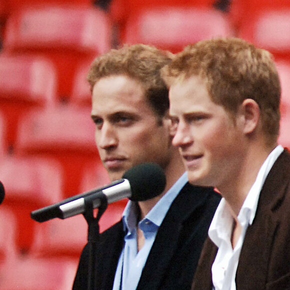 Le prince William et son frère Harry lors de leur visite du stade de Wembley, à Londres, avant le Concert for Diana, le 1er juillet 2007.