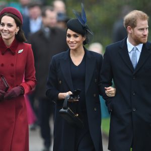 Le prince William et son épouse Kate Middleton, le prince Harry et son épouse Meghan Markle, réunis avec le prince Charles pour Noël à Sandringham, dans le Norfolk, le 25 décembre 2018.