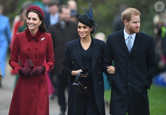 Le prince William et son épouse Kate Middleton, le prince Harry et son épouse Meghan Markle, réunis avec le prince Charles pour Noël à Sandringham, dans le Norfolk, le 25 décembre 2018.