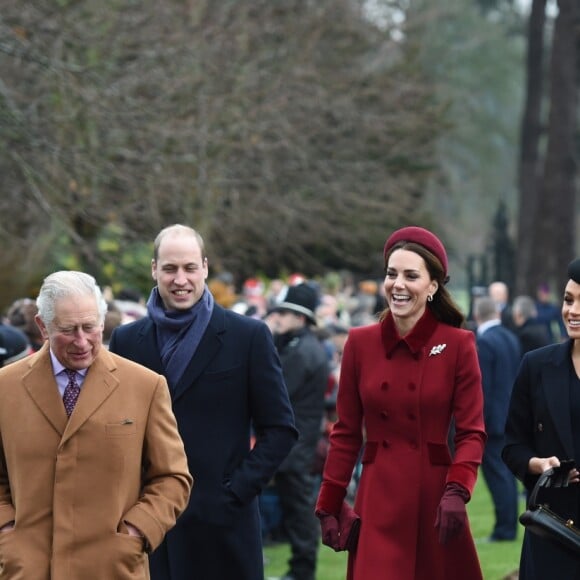 Le prince William et son épouse Kate Middleton, le prince Harry et son épouse Meghan Markle, réunis avec le prince Charles pour Noël à Sandringham, dans le Norfolk, le 25 décembre 2018.